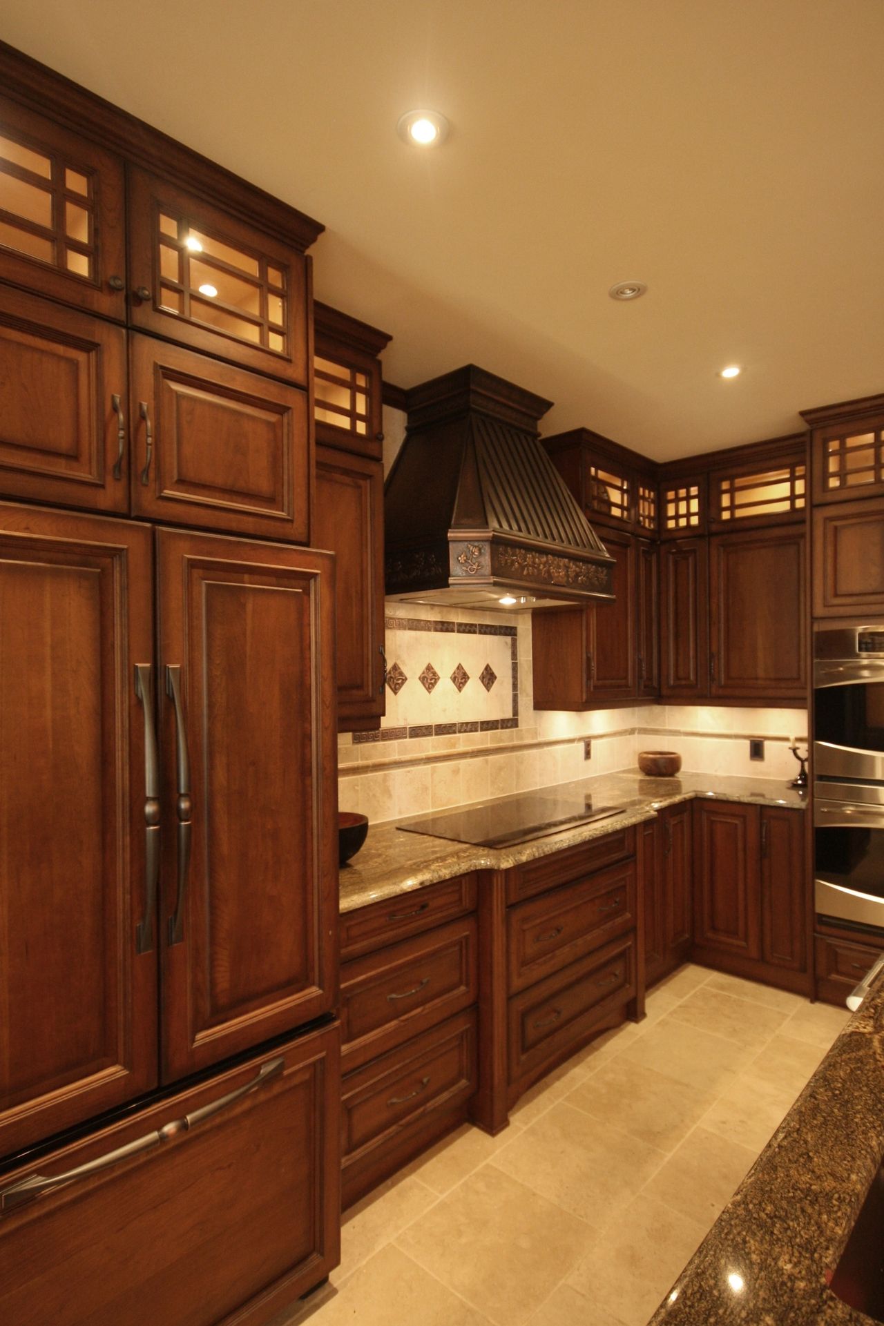 Custom kitchen, cherry cabinets, copper rangehood