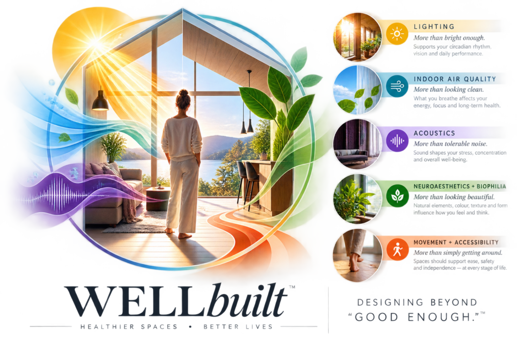 WELLbuilt Five Principles include Lighting, Indoor Air Quality, Acoustics, Neuroaesthetics and Biophilia, Movement and Accessibility